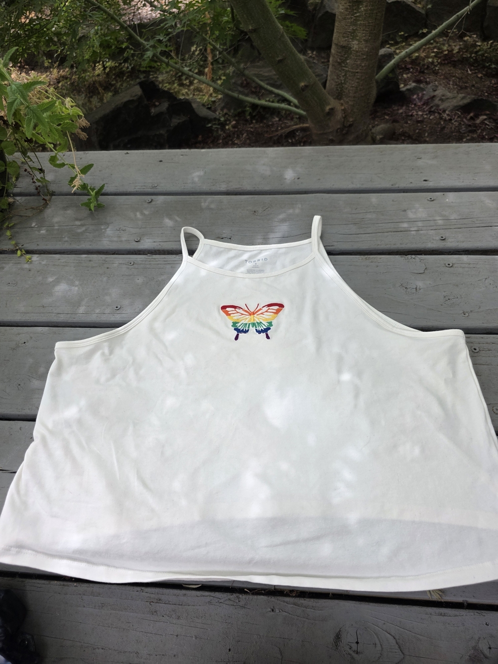 Torrid White Halter Crop Tank with Rainbow Butterfly Embroidery 3x
